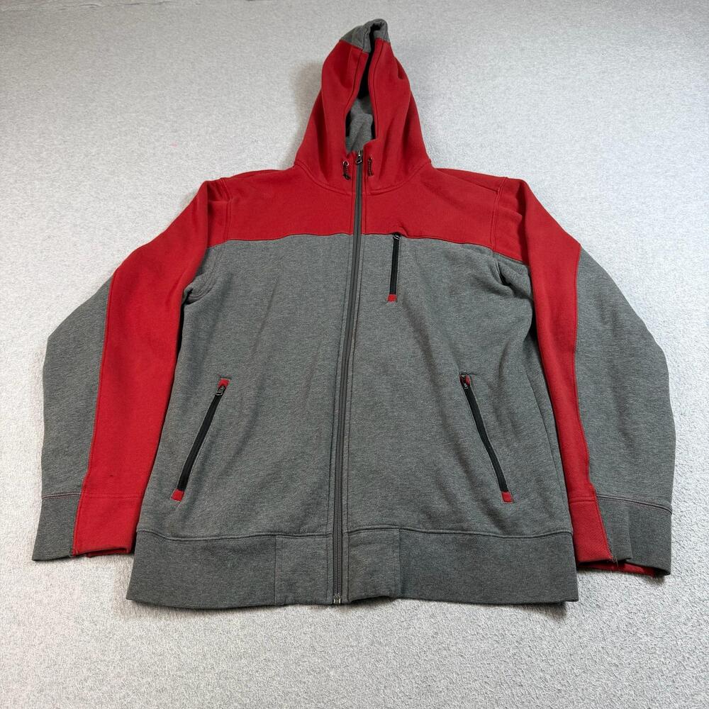 North Face Hoodie Men Large Gray Red Full Zip Fleece Jacket Outdoor Hiking Comfy